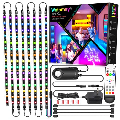 Wefomey 8 PCS RGB Under Cabinet Lighting Kit, 12v Motion Sensor LED Light Strip with Remote, ETL Listed Power Adapter, Music Sync Color Changing Led Lights for Shelves, Cabinet, Counter, Bookcase, 13ft