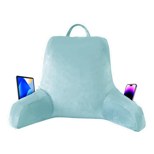 IPYNBAP Reading Pillow with Arms For Adult, Back Pillow for Bed Sitting Up, Shredded Memory Foam Backrest Pillow with Pockets & Removable Washable Cover, Lounging, Watching TV, Reading(18in Lake Blue)