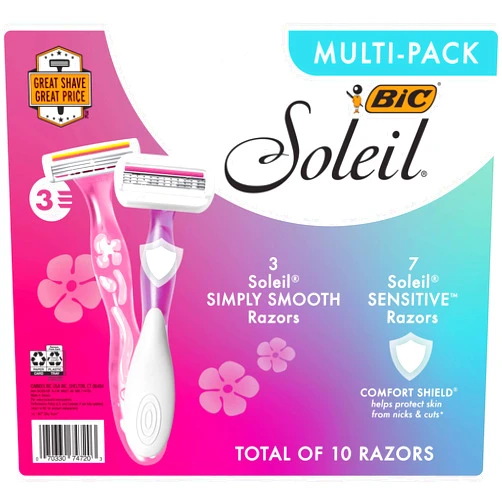 BIC Soleil Simply Smooth Women's Disposable Razors; 3 Blades With Moisture Strip For a Silky Smooth Shave; 10-Count