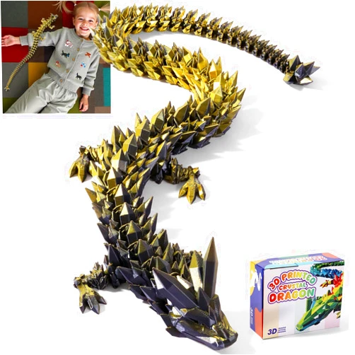 TXB3DOK 24 Inch 3D Printed Articulating Dragon - Giant, Long, and Extra Large Dragon Figure for Home Decor and Gifts (Black Gold, 24 inch)
