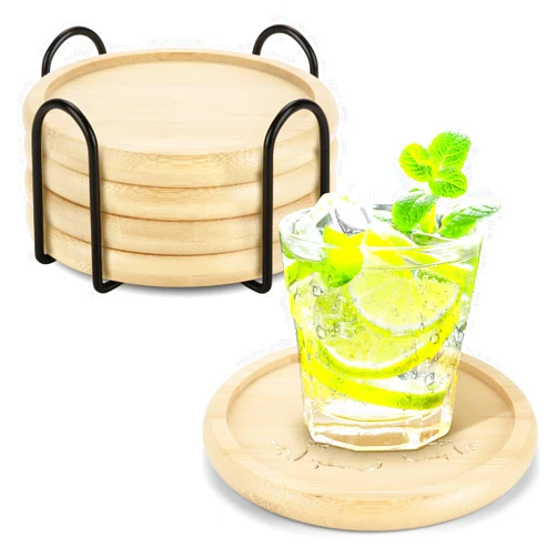 TWTLi Coasters Set of 4,Bamboo Drink Coasters with Holder,Coffee Table Coaster,Dining Table Decorative Coaster Suitable for Kinds Cups,Farmhouse,Office,Bar,Tabletop Protection Coaster