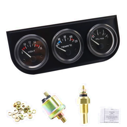 DriSentri 52mm 3 in 1 Car Auto Gauge Kit (Voltmeter+Water Temp Gauge+Oil Press Gauge), Triple Auto Dashboard Gauge Set with Black Console for 12V Cars