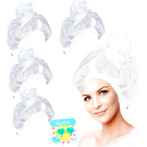 Atifer 4 Pcs Net Plopping Cap for Drying Curly Hair, Plopping Cap Curly Hair Adjustable Net Plopping Bonnet Hair Plopping Net Cap with Drawstring to Enhance Hair Drying
