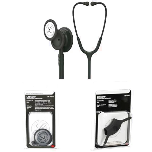 3M Littmann Classic III Monitoring Stethoscope Kit with Spare Parts and ID Tag. 5803, Black Tube, Stem and Headset, Stainless Steel Black-Finish Chestpiece