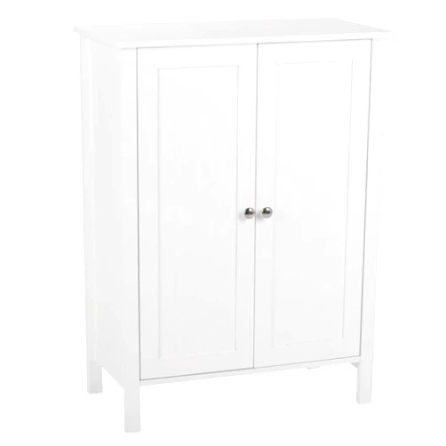 LeftCafe Bathroom Floor Cabinet White Double Doors 3 Tiers Large Storage Living Room