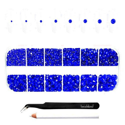 Beadsland Rhinestones for Makeup,8 Sizes 2500pcs Blue Flatback Rhinestones Face Gems for Nails Crafts with Tweezers and Wax Pencil,Sapphire,SS4-SS30
