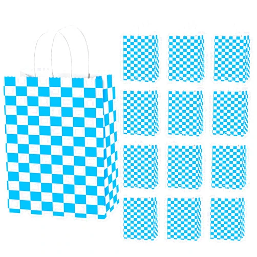Keioy 16 Pack Checkered Racing Treat Bags, Blue and White Race Car Favor Gift Bags Boxes Goodie Bags with Handle Candy Bags for Monster Truck Cars Birthday Party