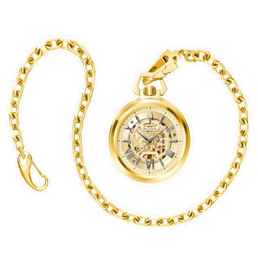 Bulova Classic Sutton Automatic Pocket Watch 3-Hand Date Stainless Steel, Full Skeleton, Gold Dial with Stainless Chain Style: 97A178