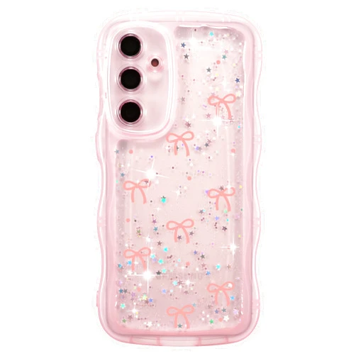 ZTOFERA for Samsung Galaxy S24 Case Wavy Edge,Glitter Star & Bow Pattern Phone Case Cute for Girl Women, Soft TPU Shockproof Full Protection Clear Phone Cover for Samsung S24-Pink Bow