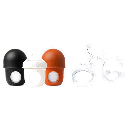 Boon Nursh Reusable Silicone Baby Bottles with Pouch - Stage 1 Slow Flow - 4 Oz - 3 Count + Extra Slow Silicone Nipples 3 Pack
