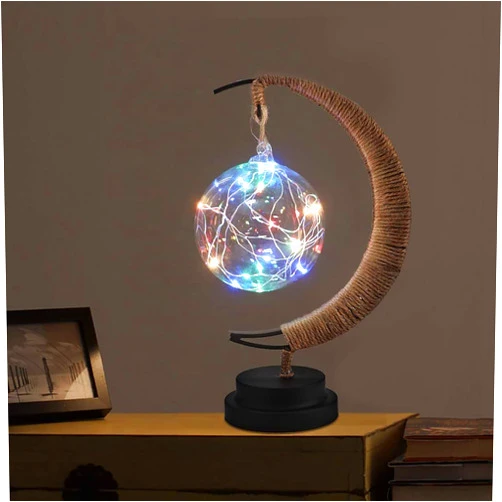 HFHungkeong LED Decorative Enchanted Lunar Lamp with USB Power,Table Lamp Lunar Crescent Ramadan Lamps Bedside Night Lights Gifts Suitable for Christmas Birthday 5.5 * 5.1 * 11inch（Round Ball Color）