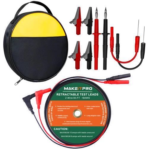 MAKEITPRO 2 Wires 30FT 18AWG Retractable Test Leads with Cable Bag and Dual Ended Electrical Alligator Clips Test Probe Lead Wire Cables for Circuit Connection/Electrical Testing and Troubleshooting