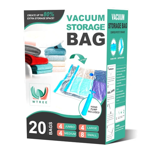 WTREE 20 Pack Vacuum Storage Bags, Space Saver Bags, Vacuum Sealed Bags for Comforters, Blankets, Clothes Storage, Hand Pump Included (4 Jumbo/4 Large/4 Medium/8 Small)