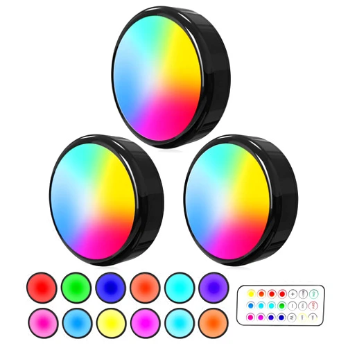 ILYXY LED Puck Lights with Remote, 3 Pack Under Cabinet Lighting, Battery Operated Push Light, Dimmable & Color Changing Tap Lights, Stick-On, Shiny Black