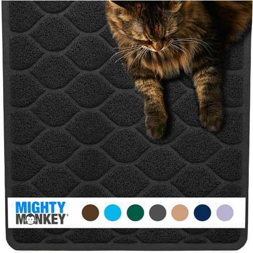 Mighty Monkey Waterproof BPA Free Cat Litter Box Trapping Mat, Easy Clean Floors, Textured Backing, Soft on Sensitive Kitty Paws, Cats Accessories, Less Waste, Stays in Place, 24x17, Black