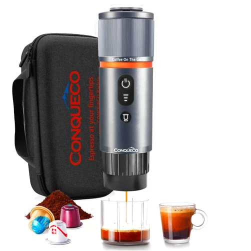 CONQUECO Portable Espresso Coffee Machine: 12V Electric Small Travel Expresso Maker - Self Heating 8 Cups Battery Powered Compatible for Nespresso Capsule - for Camping RV Hiking Office (w/Handbag)