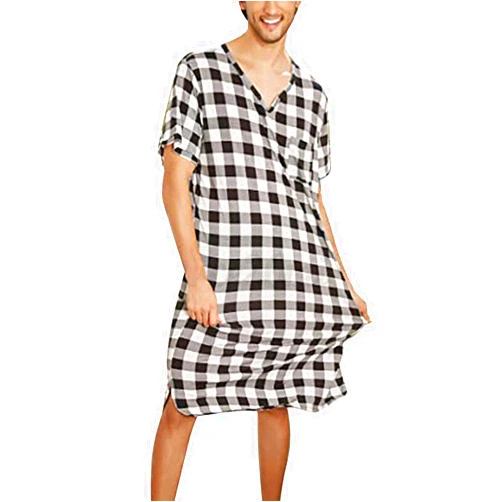 GTHTTT Men's Nightshirt Loose V Neck Short Sleeve Plaid Nightgown