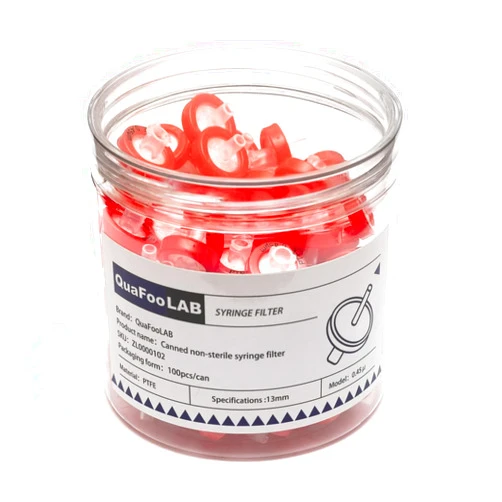 QuafooLAB Syringe Filters PTFE Membrane 13mm Diameter 0.22μm Pore Size QuafooLAB Non Sterile Red Pack of 100