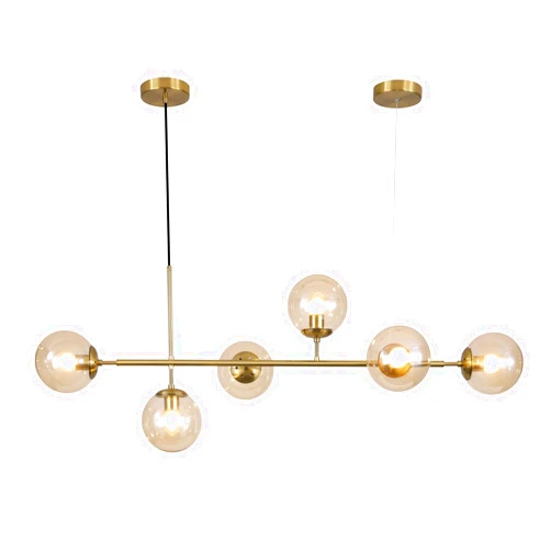 KCO Lighting Globe Linear Chandelier 6 Light Amber Glass Pendant Light Fixture Gold Kitchen Island Lighting Long Brass Sputnik Chandelier Dining Room Light Fixtures Over Table
