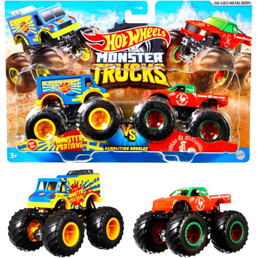 Hot Wheels Monster Trucks Toy Trucks 2-Pack, Demolition Doubles Set of 2 Vehicles in 1:64 Scale, for Kids & Collectors (Styles May Vary)