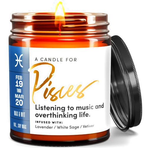 WAX & WIT Pisces Gifts for Women, Zodiac Gifts for Women, Astrology Gifts for Women, Zodiac Candles, Pisces Candle, March Birthday Gifts, February Birthday Gifts for Women, Astrology Candle - 9oz