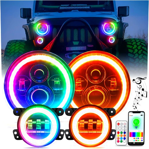 Nilight 7 Inch RGB LED Headlight and 4 Inch Fog Light w/Turn Signal APP Remote Control Round LED Headlight Compatible with 2007 2008 2009 2010 2011 2012 2013 2014 2015 2016 2017 2018 Wrangler JK JKU