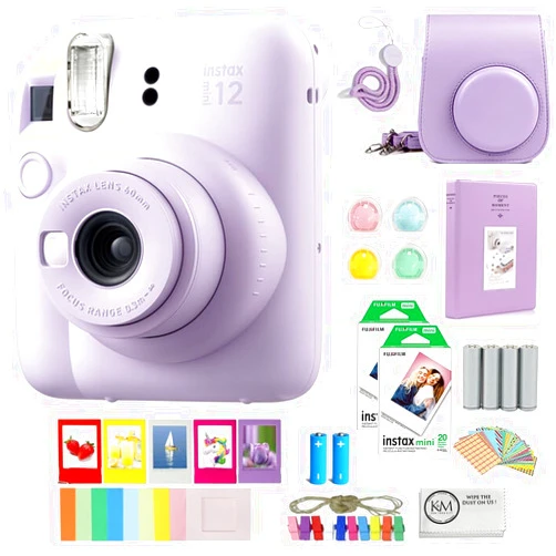 FUJIFILM INSTAX Mini 12 Instant Film Camera | Lilac Purple Bundled with INSTAX Mini Instant Film |40 Exposures + Instax Accessory Bundle + AA Batteries + Cleaning Cloth (10 Items)