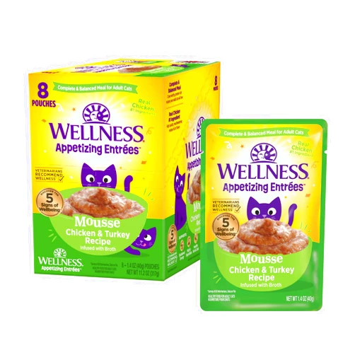 Wellness Appetizing Entrées Mousse Adult Wet Cat Food, Natural, Protein-Rich, Grain Free, 1.4 Ounce Pouch, 8 Pack (Chicken & Turkey Recipe)