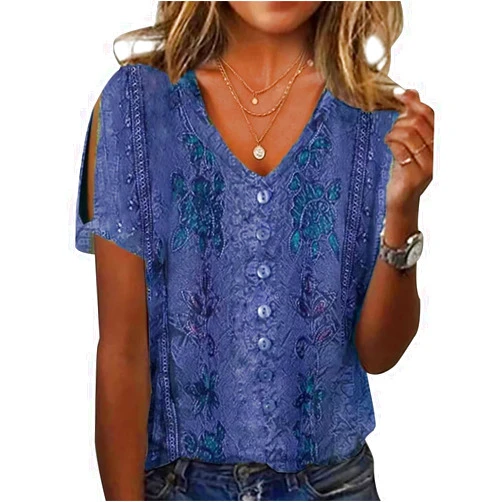 DMOYALA Women's Boho Ethnic Floral Short Sleeve Blouse Shirt Summer Dressy Casual Loose Cute Cold Shoulder Tunic Top