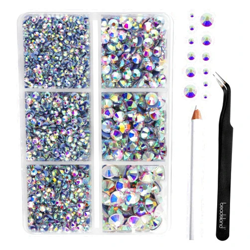 BEADSLAND Hotfix Rhinestones, 4000 PCS AB Rhinestones for Clothes Crafts Mixed 6 Sizes with Wax Pencil and Tweezers Kit, SS6-SS30, Crystal AB