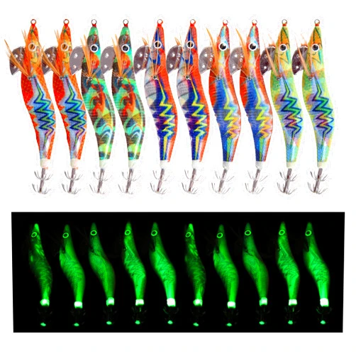 Shaddock Fishing Squid Jig Hook Hard Fishing Lures - 10Pcs Luminous Saltwater Fishing Artificial Shrimp Glow in The Dark Bionic Bait Kit for Fishing Cuttlefish Squid