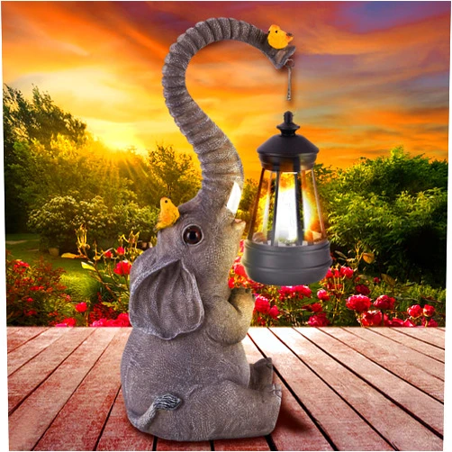 ILLUMINEW Solar Outdoor Garden Statues Lights, Elephant Figurines with Cute Birds Garden Sculpture Decor, Lucky Elephant Mother Gifts for Women, Men or Daughter, Unique Housewarming Gifts and Yard Decoration