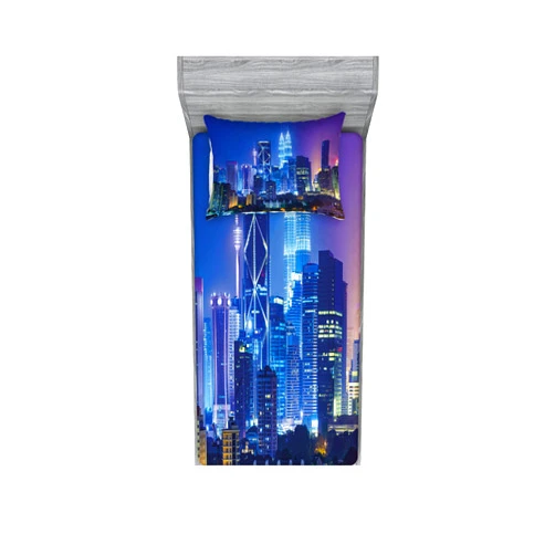 Ambesonne Landscape Fitted Sheet & Pillow Sham Set, Modern Scenery Image with Kuala Lumpur Cityscape Skyscrapers Artwork Print, Decorative Printed 2 Piece Bedding Decor Set, Twin, Multicolor