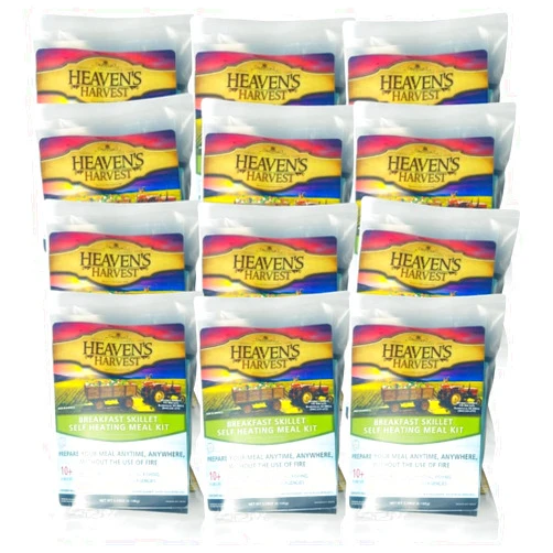 Heaven's Harvest Self-Heating Emergency Meal Kit (10 Year Shelf Life) — Tastier than MRE Meals & Ready-To-Eat in Minutes! Just add water to activate the “cooking” process. (Breakfast Skillet, 12-Pack)