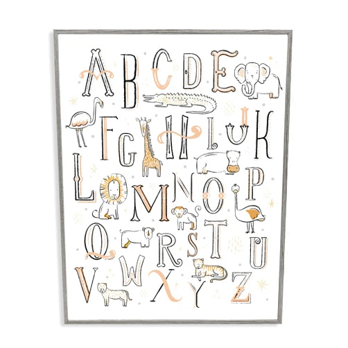 Stupell Industries Nursery Animal Alphabet Chart Soft Orange White, Designed by Zirkus Design Grey Framed Wall Art, 11 x 14