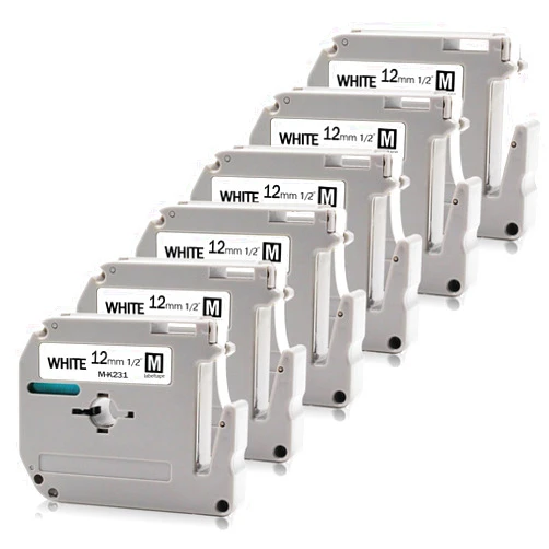Absonic 6-Pack M-K231s Label Tape 12mm 0.47 Black on White Compatible for Brother M-K231 MK-231 MK231 M231 P Touch M Label Tape 12mm 1/2