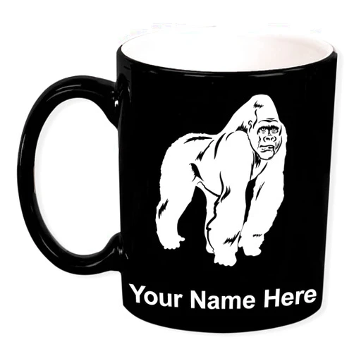 LaserGram 11oz Round Ceramic Coffee Mug, Gorilla, Personalized Engraving Included (Black)