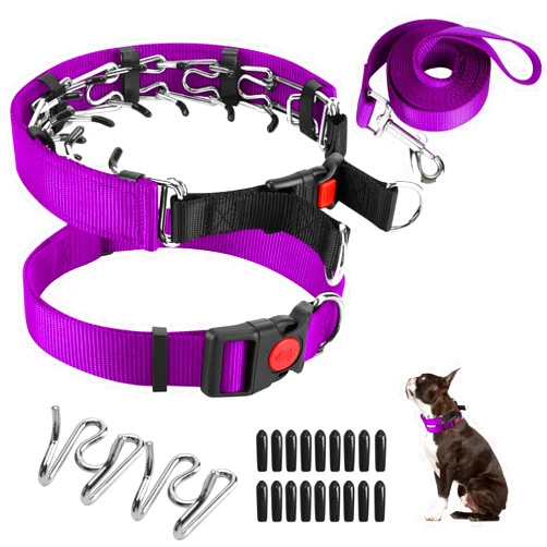 Generic Dog Prong Training Collar, Dog Choke Pinch Collar with Nylon Cover Comfort Tips and Quick Release Snap Buckle, Dog Classic Collar and Dog Leash for Small Medium Large Dogs, Purple