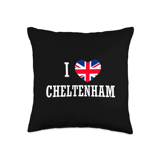 English Towns Cities Counties Home Town Nostalgia I Love Cheltenham England Union Jack Flag Heart English Throw Pillow, 16x16, Multicolor