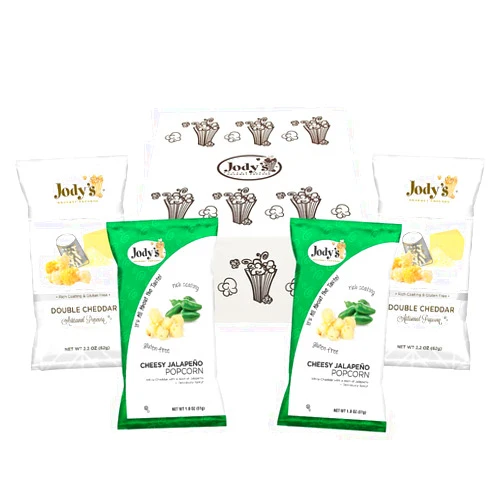 Jody's Jody’s Gourmet Popcorn 6.5oz 4 Pack. Double Cheddar and Cheesy Jalapeno. Delicious, Savoury, and Spicy Popcorn. Gluten-Free, No Preservatives, Kosher Certified, Made with Non-GMO Popcorn Kernels.