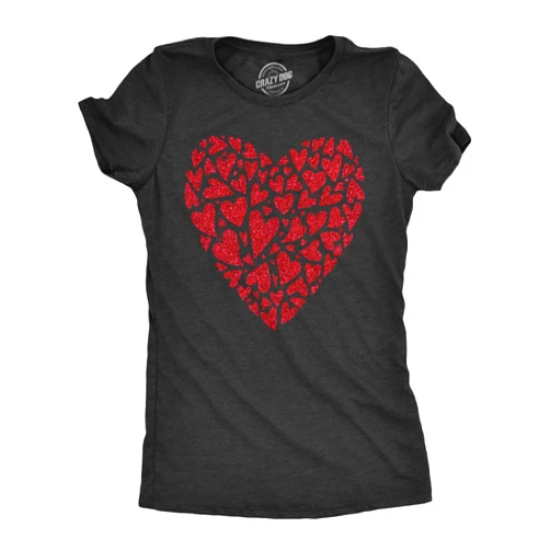 Crazy Dog T-Shirts Womens Glitter Heart T Shirt Funny Awesome Valentines Day Hearts Lovers Tee for Ladies