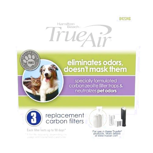 Hamilton Beach TrueAir Replacement Carbon Filter for Odor Eliminators, Neutralizes Pet Smells, 3-Pack (04234G), 5.8 x 1.8 x 6.8 inches , White