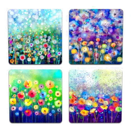 QJ CMJ Beautiful Watercolor Flowers Square Coaster Set - Made of Recycled Rubber - Set of 4