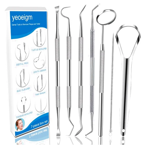 Yeoeigm 7pcs Dental Tools, Dental Pick Teeth Cleaning Tools Hygiene Kit, Professional Stainless Steel Tooth Scraper Plaque Tartar Cleaner - with Case, Personal Using, Pets - Teeth Cleaning Kit