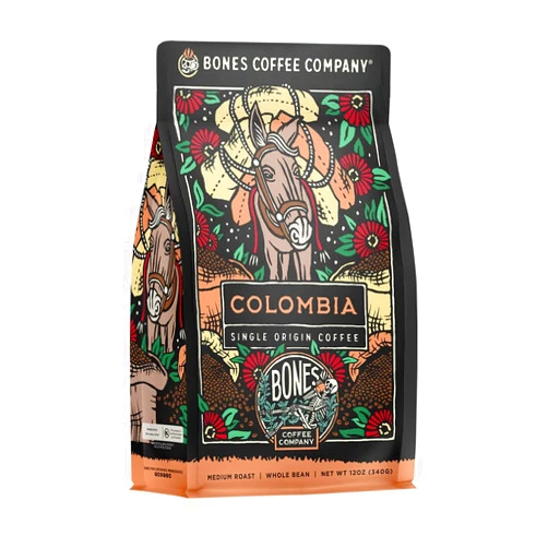 Bones Coffee Company Colombia Single-Origin Coffee Beans, Whole Bean Coffee Medium Roast Gifts Low Acid Gourmet Almonds, Dried Fruit, Vanilla Notes (12 oz)
