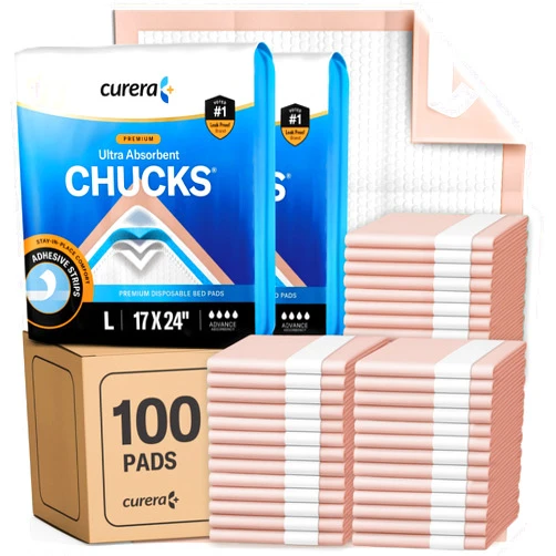 Curera Chucks Premium Disposable Underpads 17”x24” [100-Count] Ultra Absorbent Chux Incontinence Bed Pads with Adhesive Tape for Adults, Baby Changing, Travel, and Pet Training – 17x24 Bulk Pack