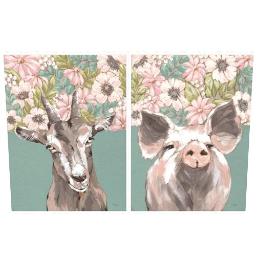 Great Art Gertie the Goat & Patrice the Pig by Michele Norman, 2 Piece Unframed Art Print Set, 8 X 10 inches Each, Floral Animal Art