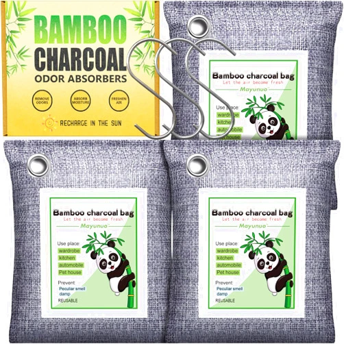 Mayunuo Activated Charcoal Odor Absorber for Strong Odor in Basement, Cars, Closets, Smoke, Shoes. 3 Pack Bamboo Charcoal Air Purifying Bags Deodorizer Odor Eliminator for Home