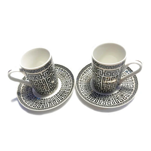 Mazeology Espresso Cups Greek Key Design Bone China 2 Sets Cups and Saucers Black and White with Gold Accents