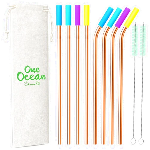 Teivio 8 Piece 5/16 inch (8mm) Wide Stainless Steel Straws for 40 oz Tumbler with Handle, 12 Inch Long Reusable Metal Drinking Straws, Replacement Straws with Silicone Tips & Cleaning Brush, Rose Gold